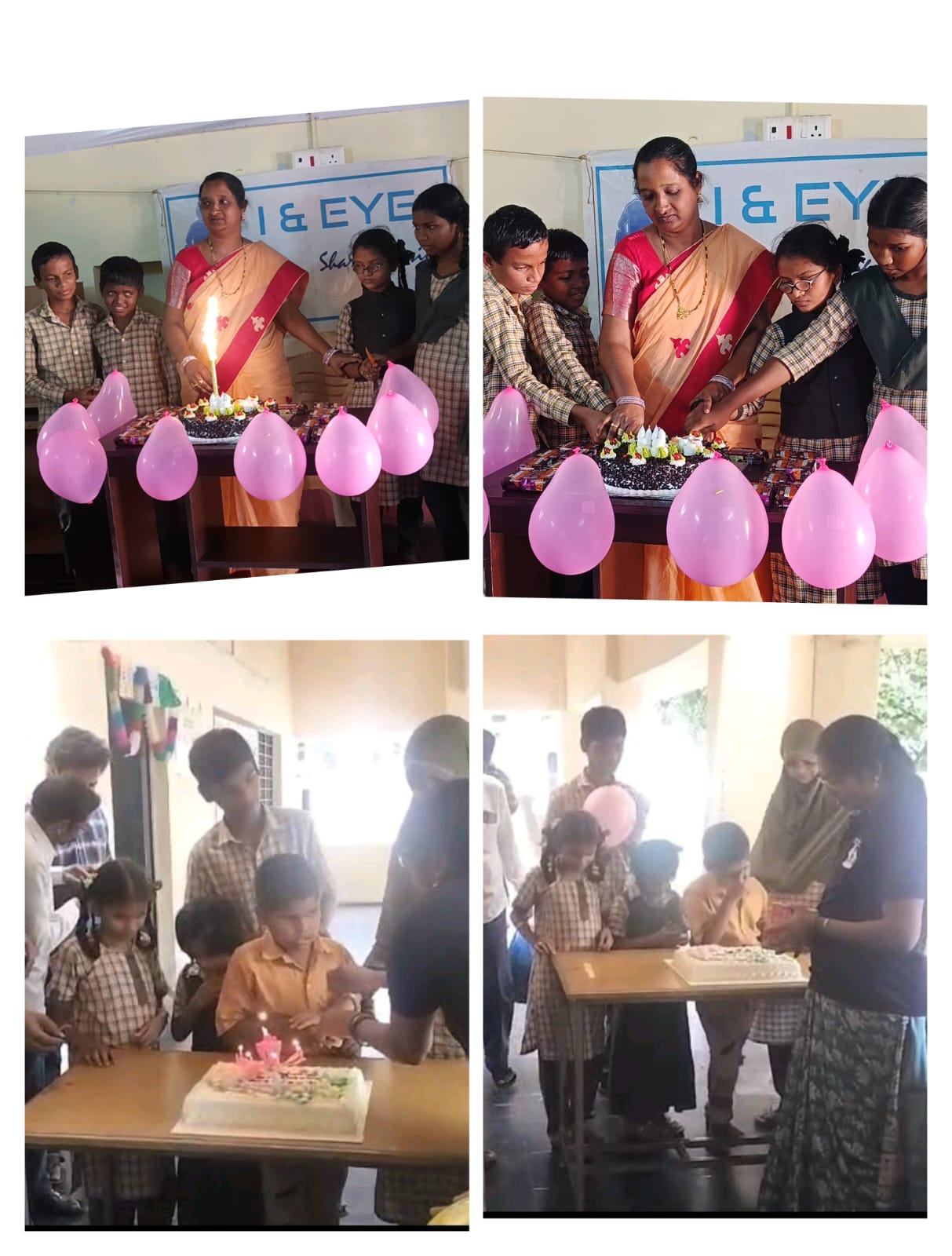 Students and teachers celebrating monthly birthdays with cake, candles and pink balloons across I and Eye locations